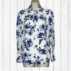WHBM Womens Top Blouse Size 4 White Blue Floral Print Pearl Buttons B2